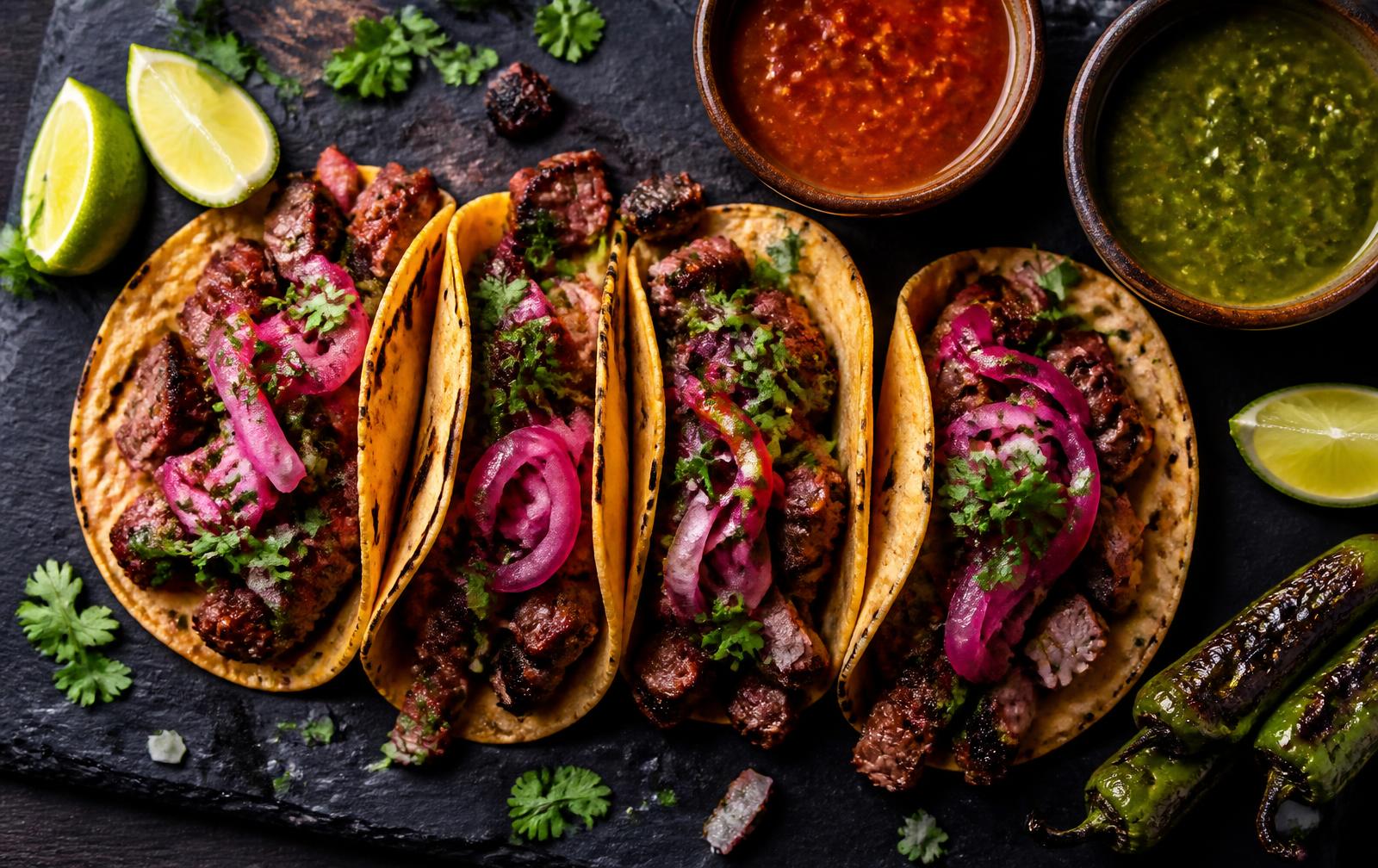 Street tacos with carne asada, pickled onion, and fresh salsas
